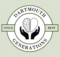 The Dartmouth Generations Logo is a white circle with half of a brain and half of a heart forming a whole heart that is supported by cupped hands. A white circle surrounds the inner circle and contains the black words Dartmouth Generations since 2019.  The logo is set over a light green background
